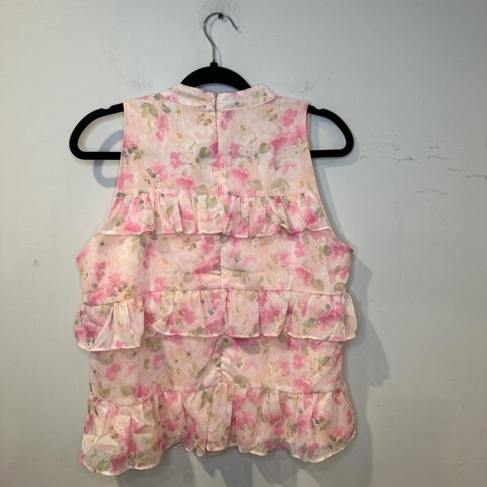 Romantic tiered layered floral top bay pink ruffle top tie neck LARGE - Picture 4 of 8
